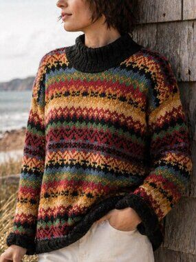 Vintage Fair Isle Fisherman Sweater Multicolor Cozy Knit Turtleneck M Coastal